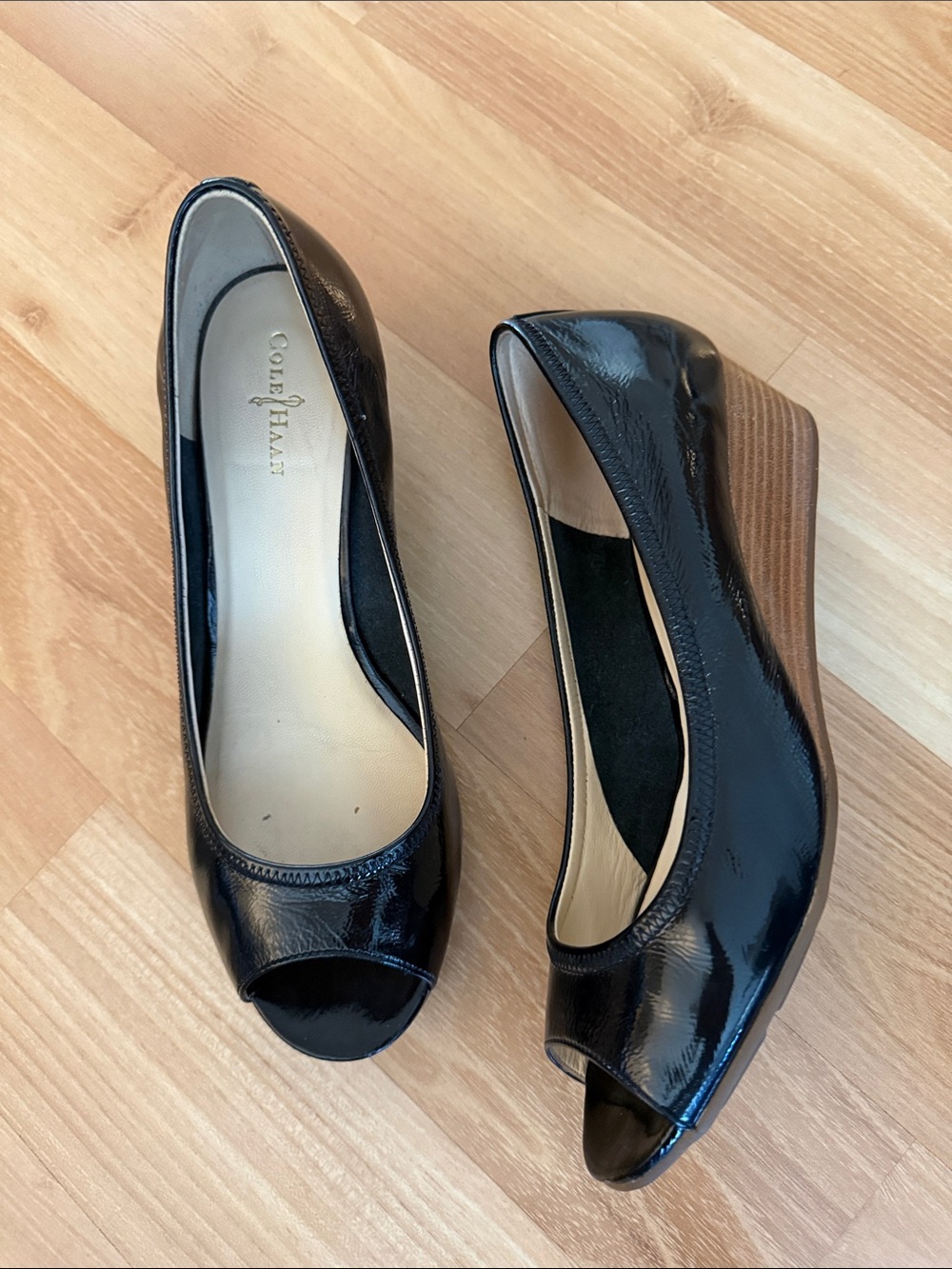 Cole Haan Black Patent Peep-Toe Wedge Heels
